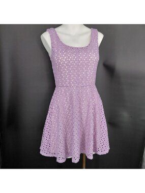 Skater Midi Dress Juniors XS Purple Crochet Knit Flare Sleeveless Lined Party